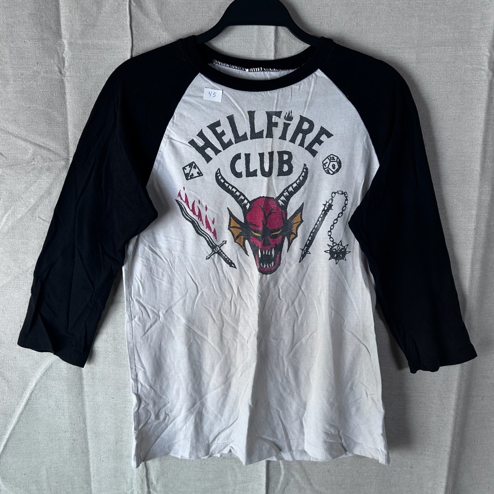 Stranger Things Hellfire Club Raglan Baseball T-Shirt Black White 3/4 Sleeve S